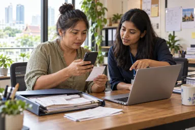 A business client uploads voucher images through the firm's website while an accountant provides guidance.