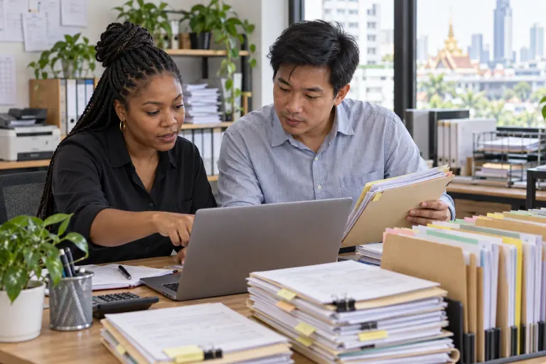 Two bookkeepers review a client intake list beside organized voucher folders.