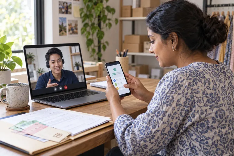 A client checks service level and monthly document status in a phone portal.