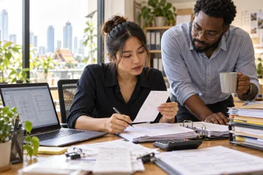 A bookkeeper checks document details extracted by AI against paper vouchers.