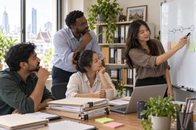 The accounting team reviews its staged digital workflow in front of a whiteboard.
