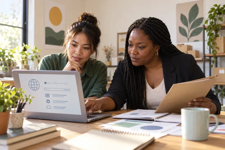 A business owner and office manager check domain account details before setup.
