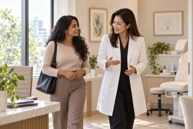 A physician introduces a visitor to a calm consultation room at a boutique clinic.