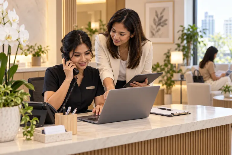 Clinic reception staff consolidate phone and website inquiries at the front desk.