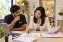 A clinic owner and receptionist review booking data and a paper calendar.