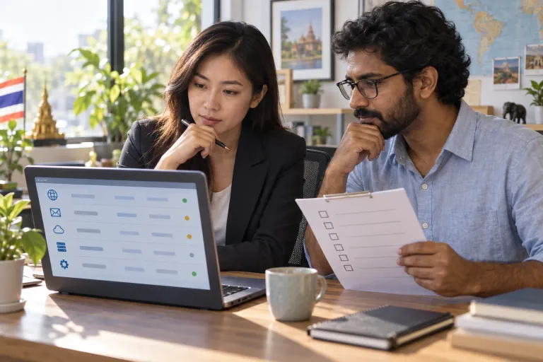 An office manager and web consultant audit connected services before changing DNS.