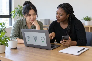 A business owner and support specialist calmly investigate a domain connection issue.