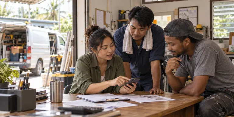 A local repair-company team reviews a customer request in its workshop office.