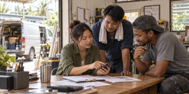 A local repair-company team reviews a customer request in its workshop office.