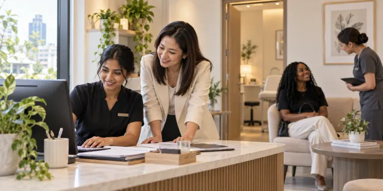 A clinic owner and staff welcome a visitor in a bright, private consultation reception.