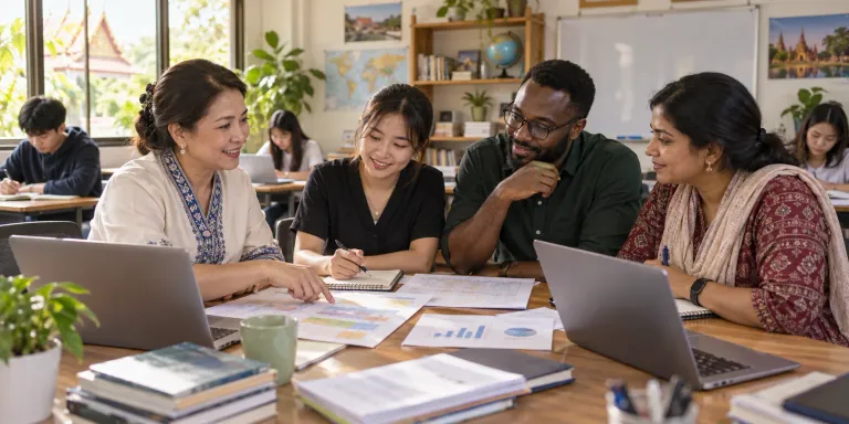 A training-center owner and staff review course schedules and enrollment information together.