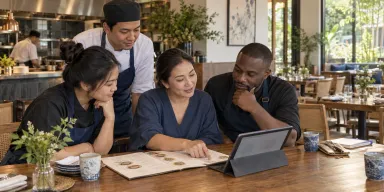 A restaurant owner and staff review a sample menu and digital service ideas together.