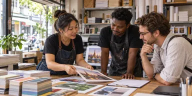 A print-shop owner and staff review a sample job at a compact neighborhood workshop.
