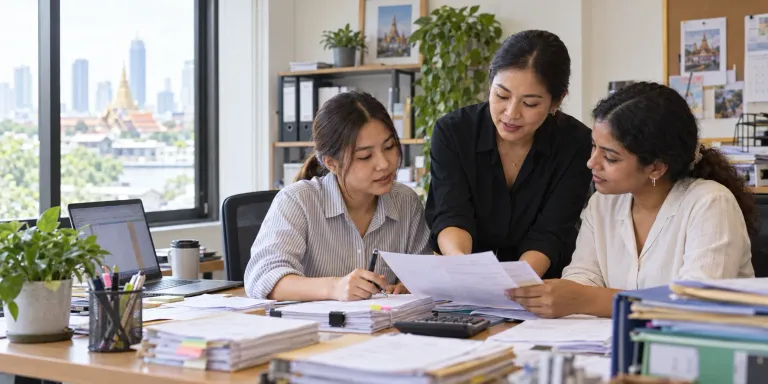 A small Bangkok accounting team reviews client vouchers together in its office.
