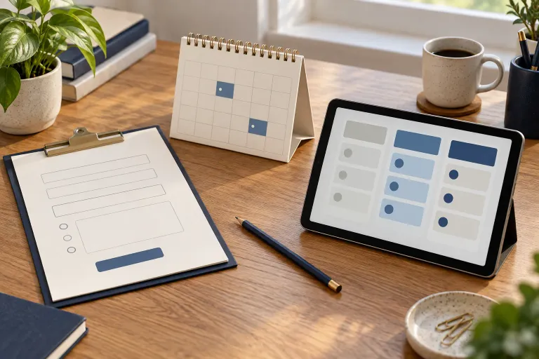 A form clipboard, booking calendar and tablet with a status board on a desk.