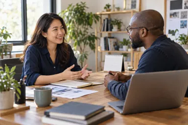 A business owner and web professional discussing the next steps for a website project.