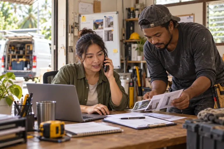 A repair-company owner takes a customer call while a technician reviews job photos and a paper quote form.