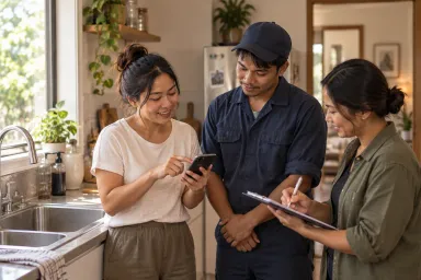 A homeowner shares feedback with a repair technician after the service visit.