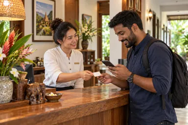 A receptionist gives a returning guest a blank return card as they check details on a phone.