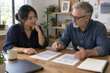 A small-business owner and consultant comparing two simple website layout options.