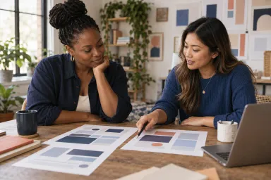 A business owner and designer discussing abstract website layout and color mockups.