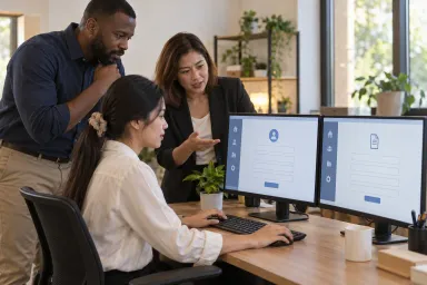 A manager and two colleagues identify a repetitive office task on their screens.
