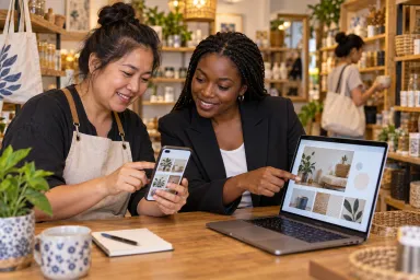 A shop owner and digital advisor compare a social media page with the shop's own website.