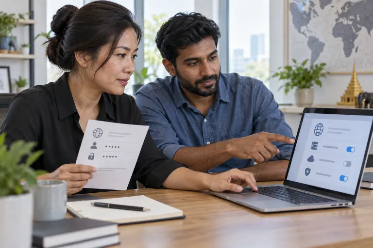 A business owner reviews a planned DNS management handover with a web consultant.