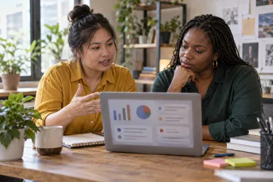 A business owner listens to a team lead's feedback before deciding on the next technology step.