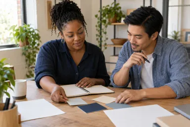 A small-business owner and colleague reviewing blank brand swatches and planning materials.