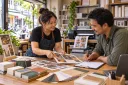 A print-shop owner reviews sample menus and paper choices with a customer.