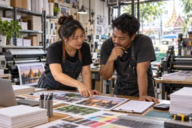 The shop owner and production lead discuss the next operating step among current print tools.