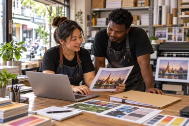 Shop staff record a confirmed print job while checking the customer's artwork files.