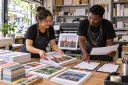 Two print operators coordinate finished sheets and shop-floor work lists.