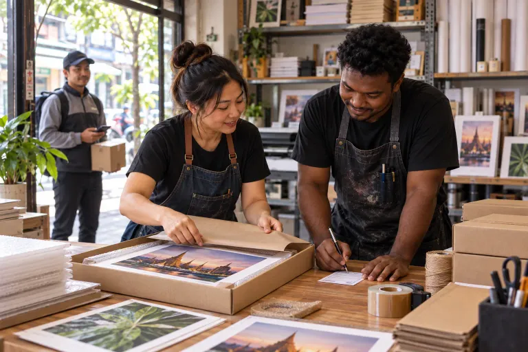Print-shop staff pack a finished order and write its tracking details before handoff.