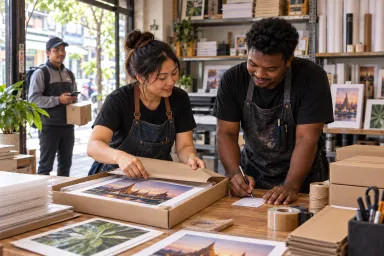 Print-shop staff pack a finished order and write its tracking details before handoff.