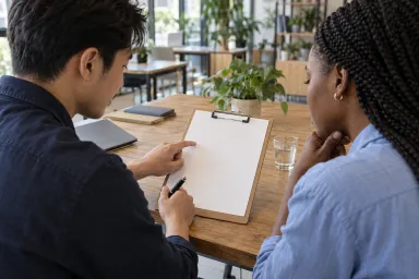 Two colleagues reviewing a blank project checklist together at an office table.