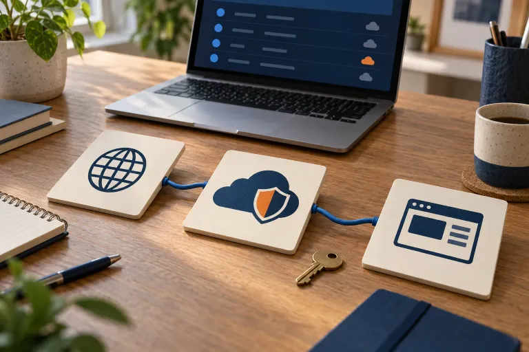 Domain, cloud DNS and website cards connected on a desk beside a permission key.