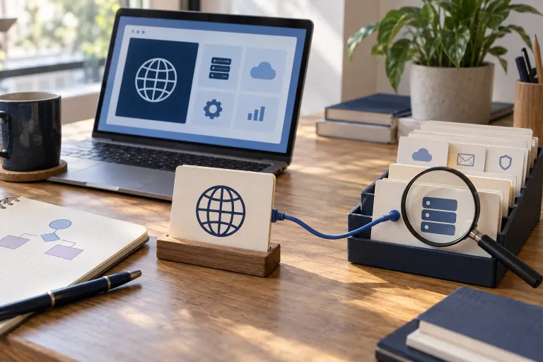 Domain and DNS record cards connected on a desk, with a magnifying glass for checking their relationship.