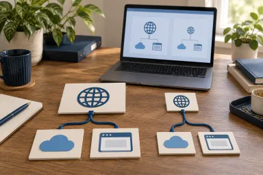 Large and small domain cards with separate DNS and website connections on a desk.
