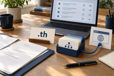 A .th domain card, registration documents and DNS record cards beside a website connection.