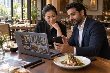 The restaurant owner and a marketing consultant review photos to help new guests discover the restaurant.
