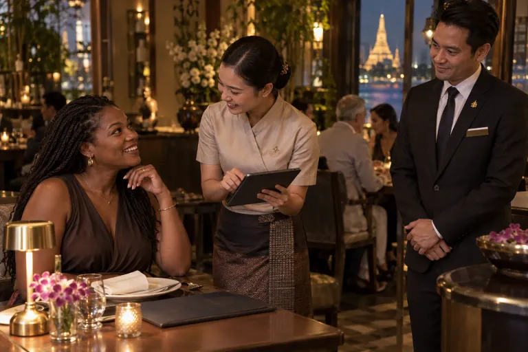 A server confirms a returning guest's preference and records it with her consent.