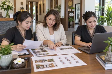 Spa-chain managers compare branch details while updating the shared public website.