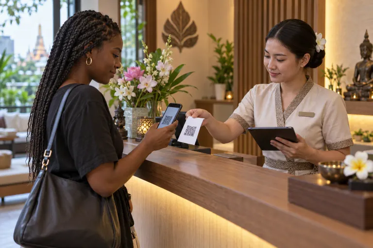 A spa guest scans a QR code on her checkout receipt while the receptionist confirms the service record.