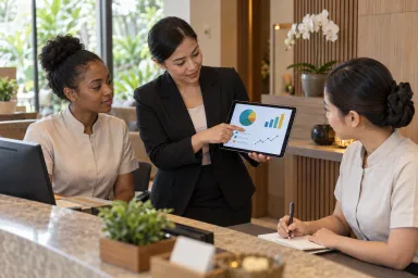 A branch manager coaches reception staff on reviewing anonymous guest feedback together.