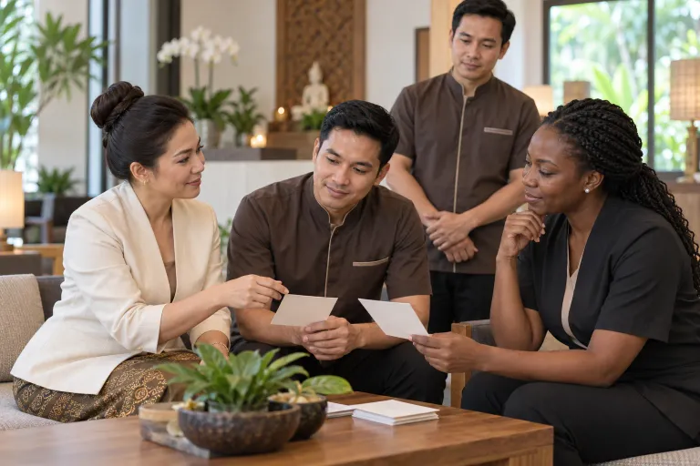 A manager and therapist discuss guest feedback as one part of a supportive coaching conversation.