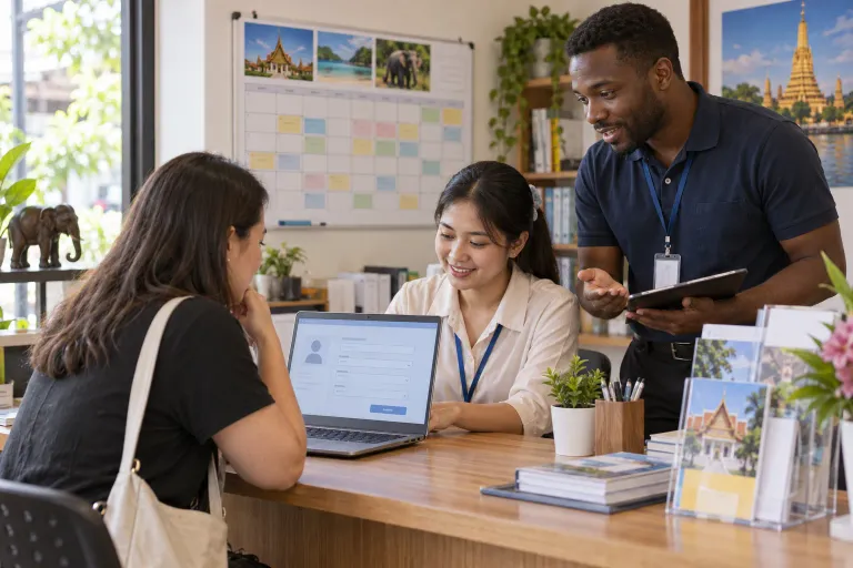 A training-center administrator helps a student enter an enquiry while an advisor discusses the course schedule.