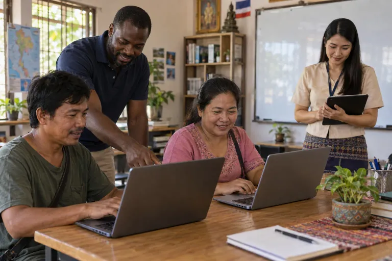 An instructor and administrator help adult students sign in to the learning portal after class.