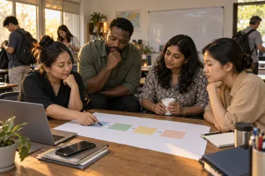 The training-center team reviews its phased learning roadmap after class.